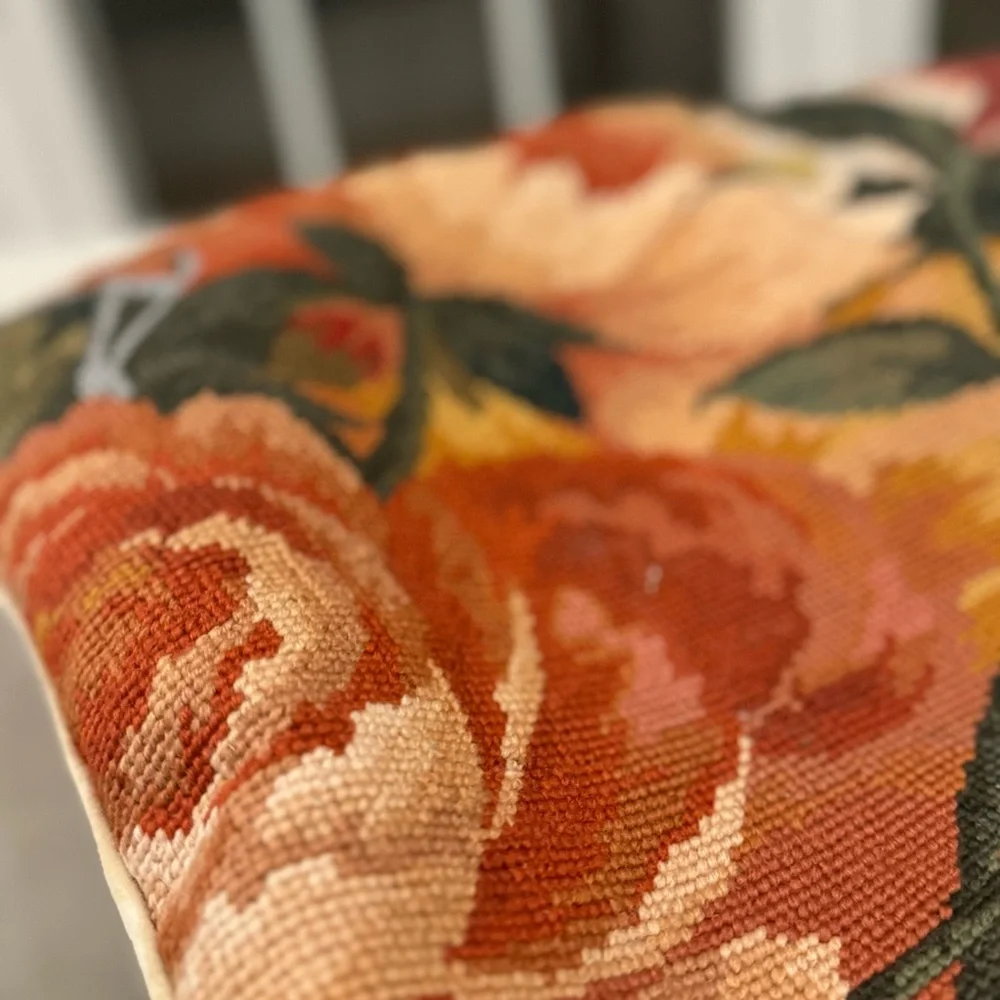 Hand Crafted Vintage Floral In Scroll Needlepoint Pillow Cover 18” x16”
